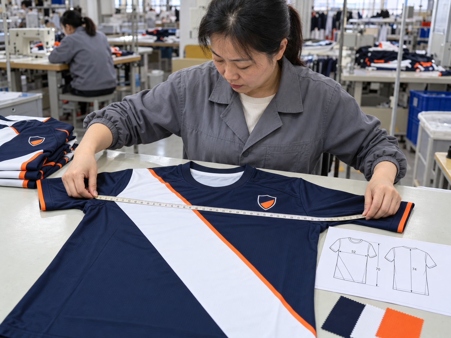 Measuring a garment and checking crest placement and colour