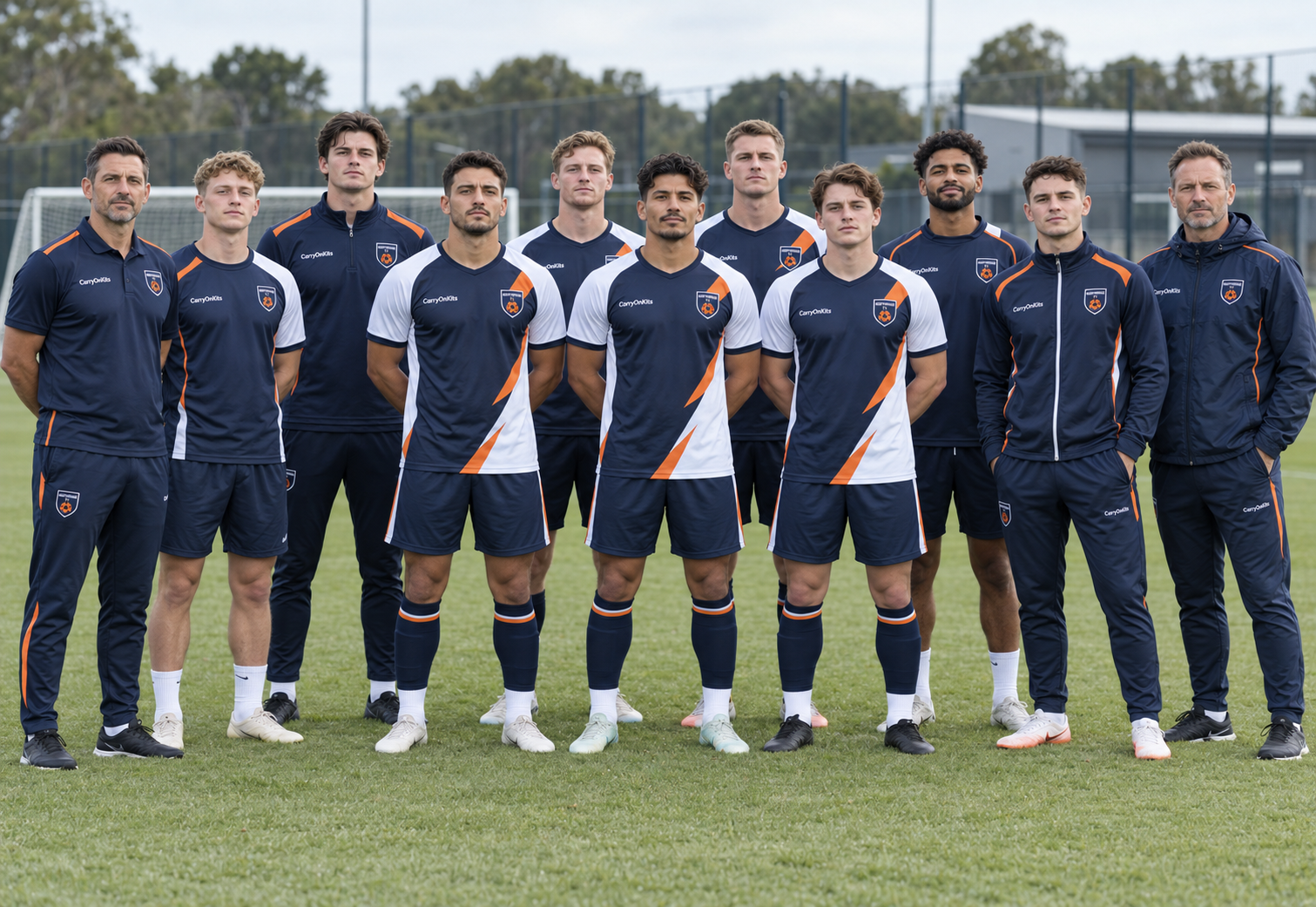 A club squad wearing one matching custom teamwear system